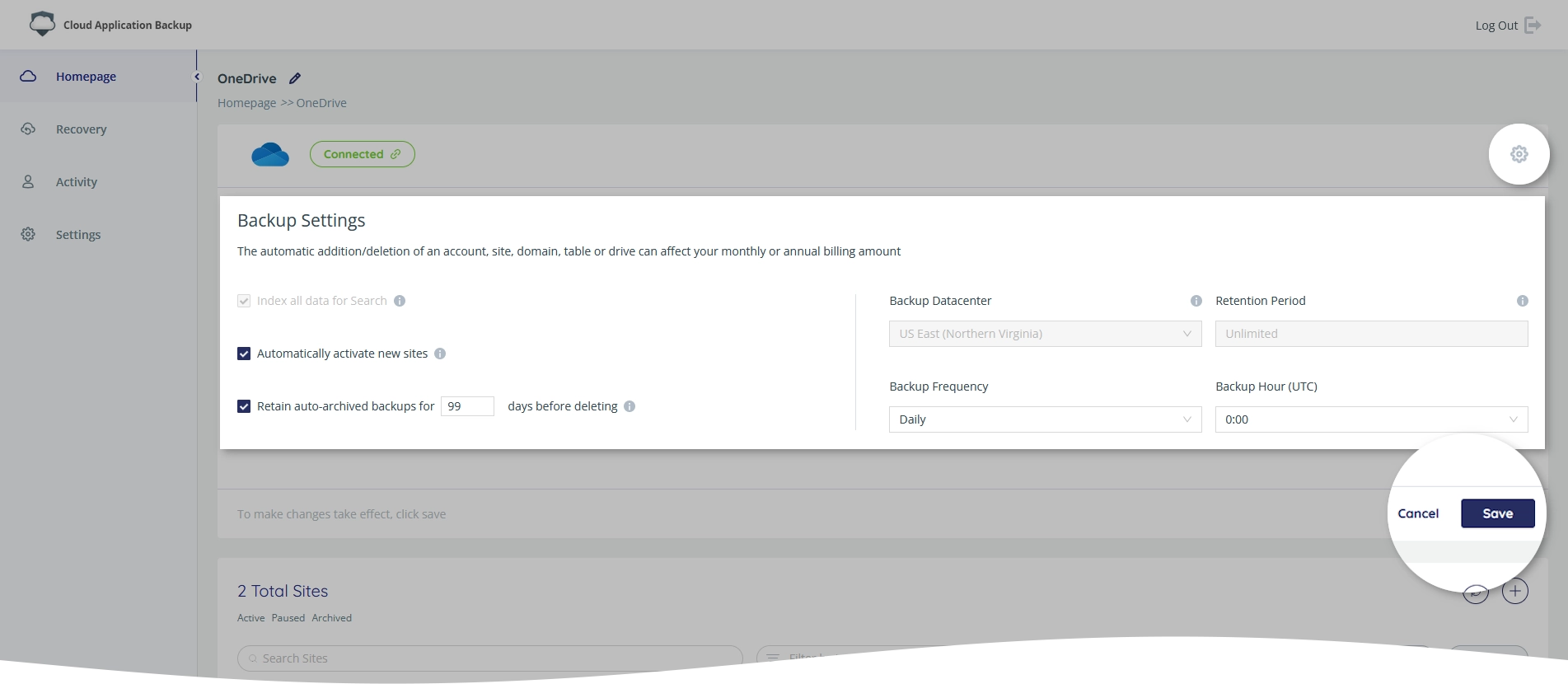 Backup task settings