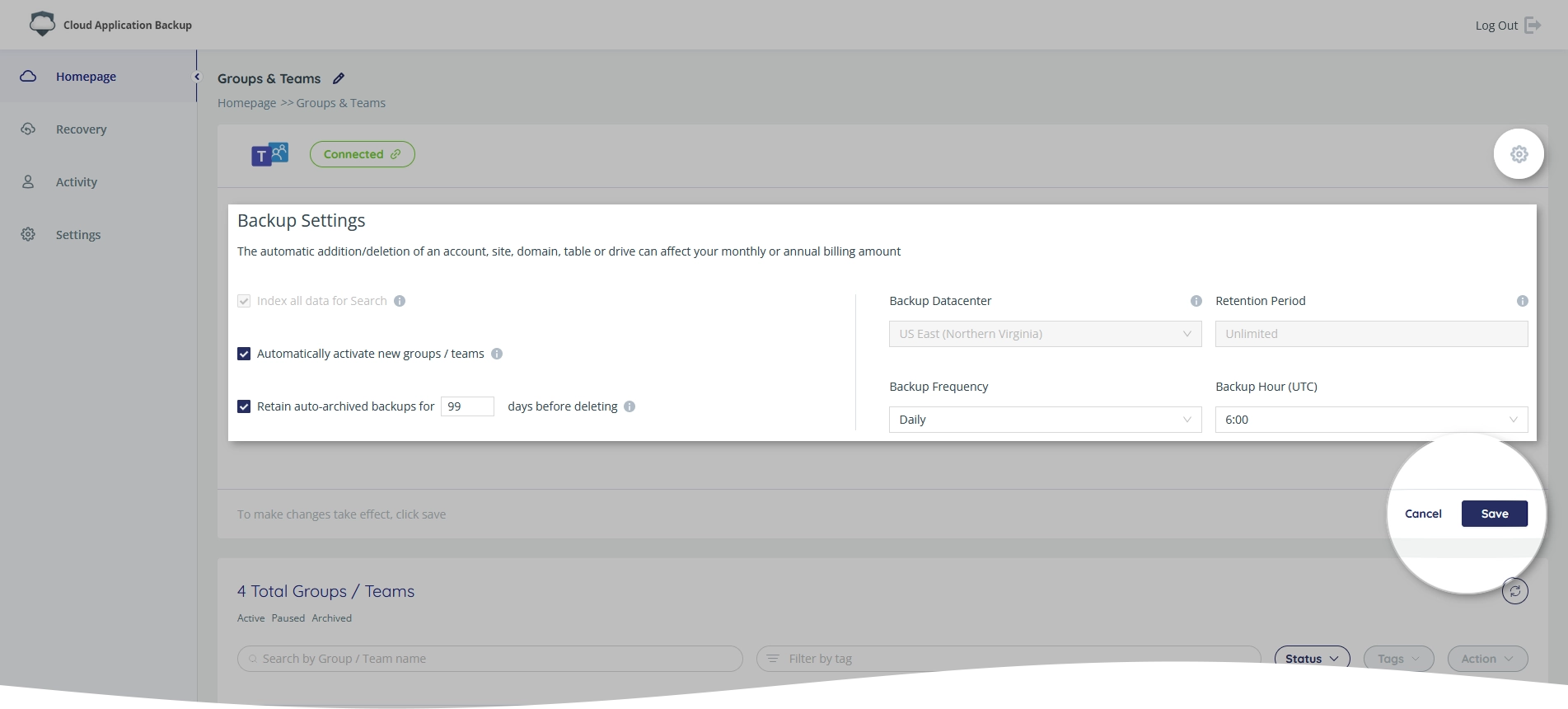 Backup task settings