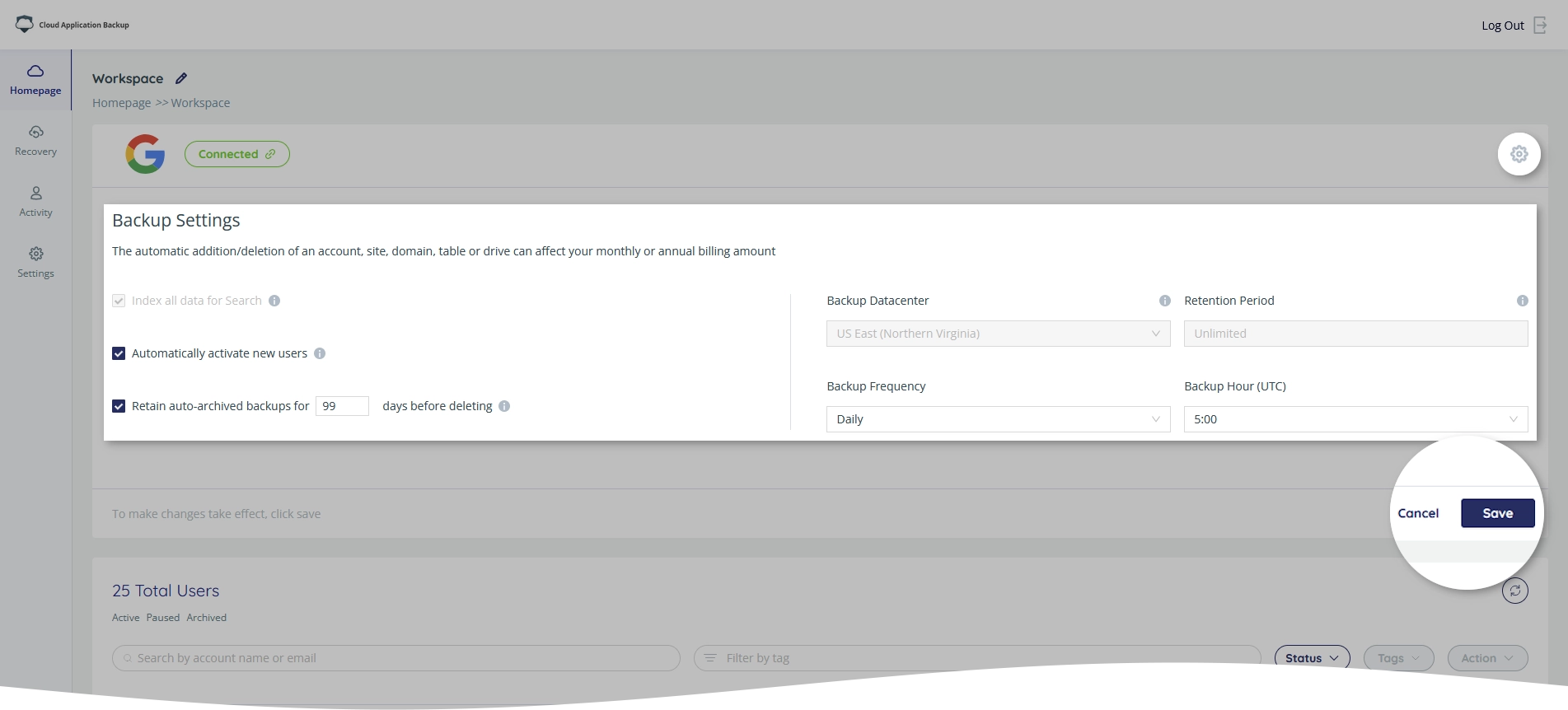 Backup task settings