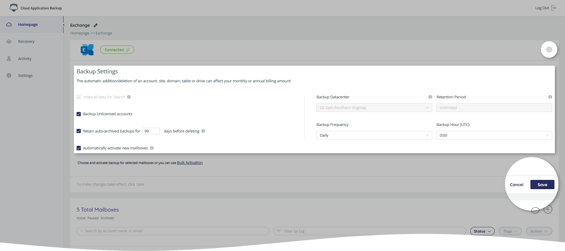 Backup task settings