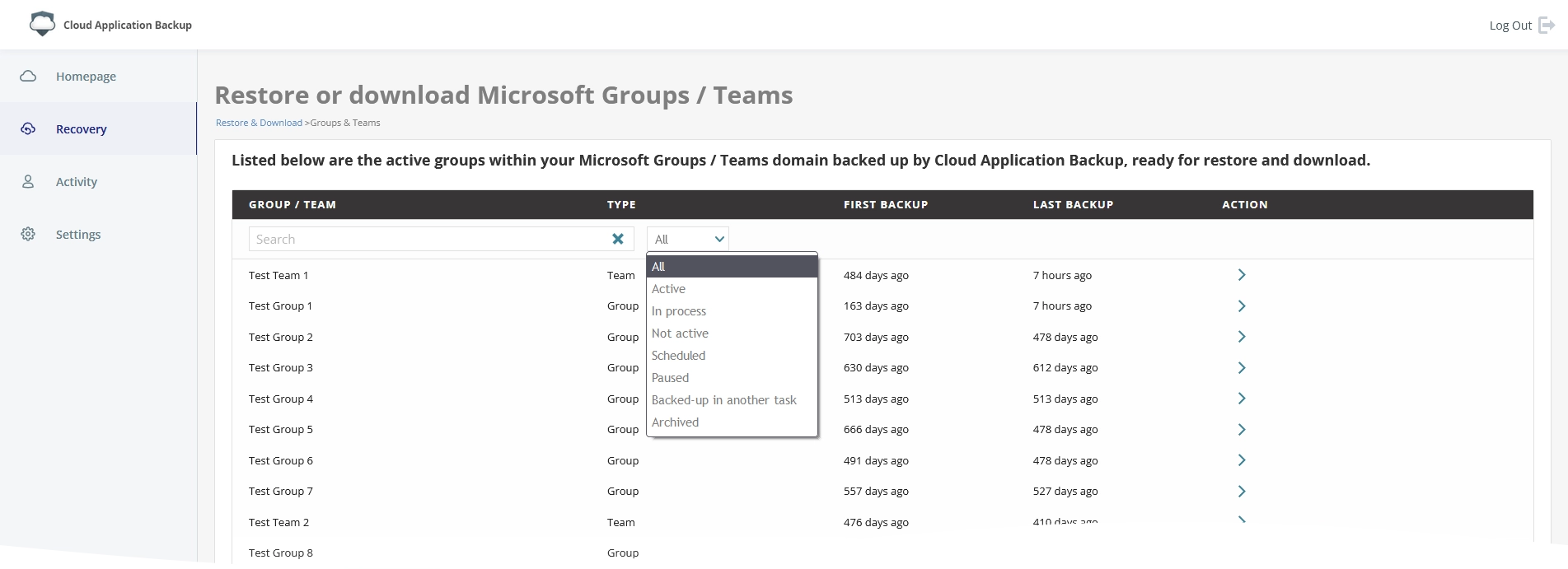 Filter groups and teams
