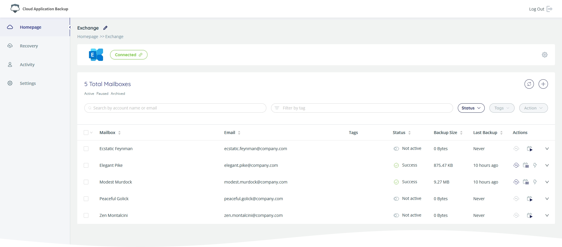 Backup task page
