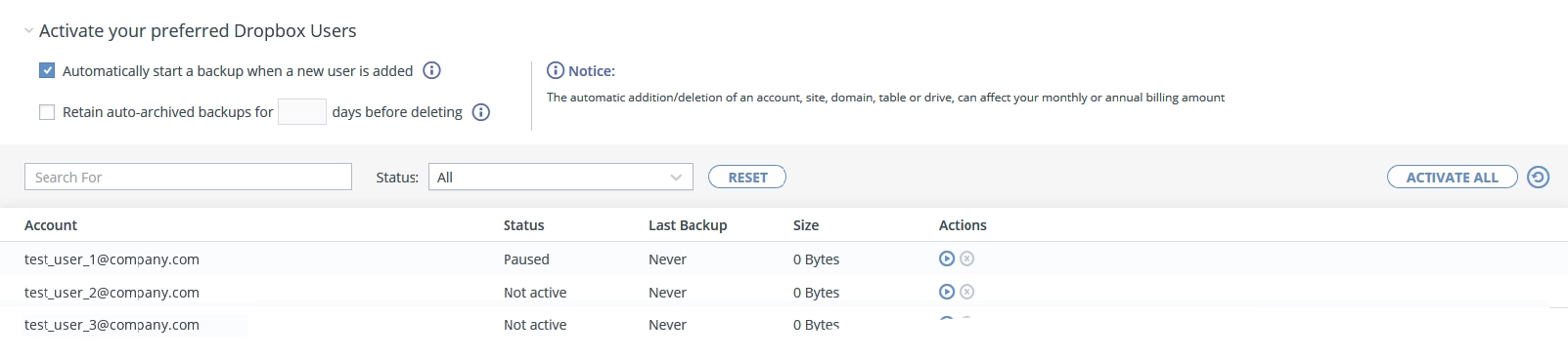 Manage account backups