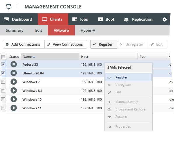 Register VM action