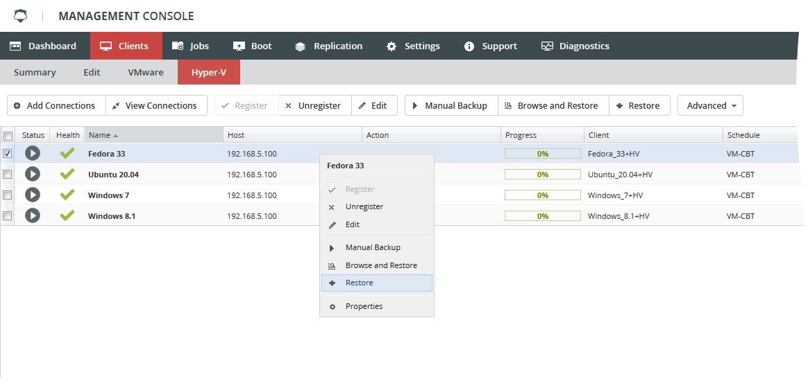 VM restore action