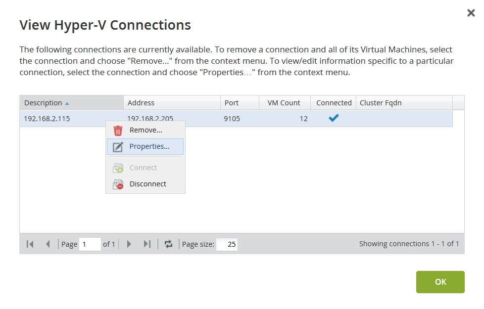 Connection properties action