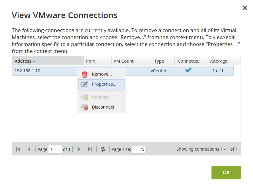 Connection properties action