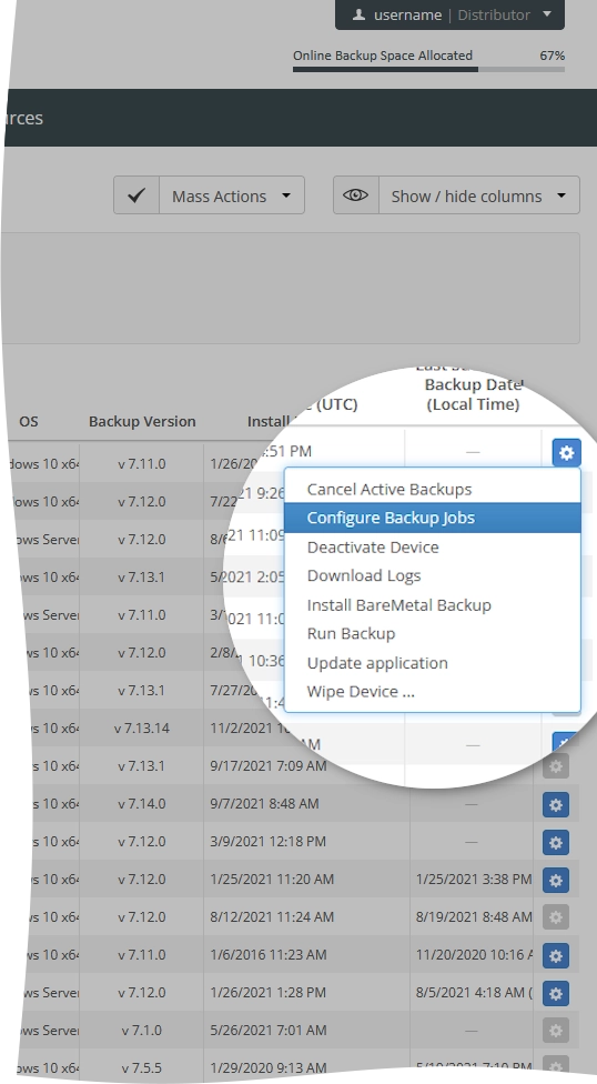 Configure backup jobs action