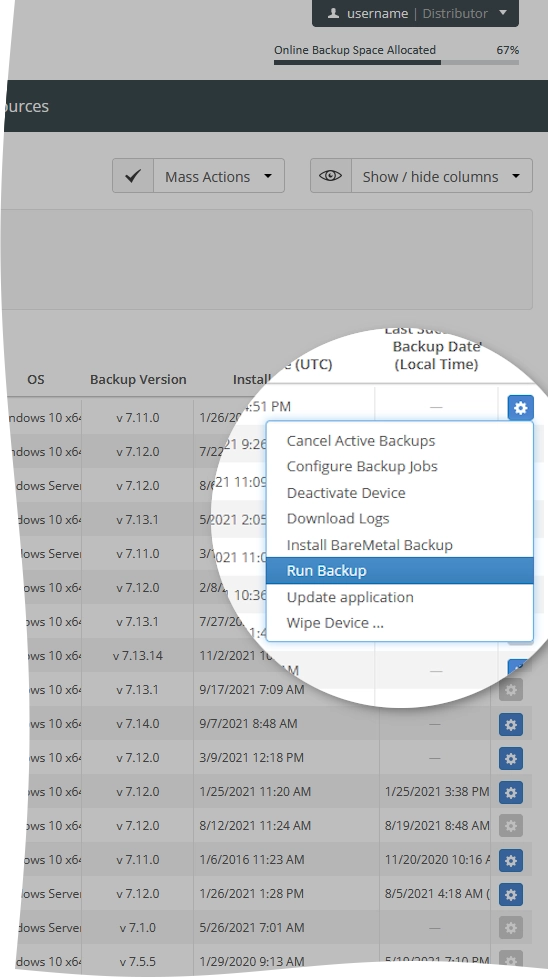 Start backup action