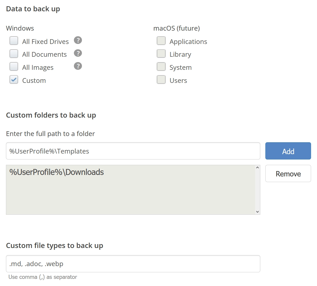 Advanced data to back up