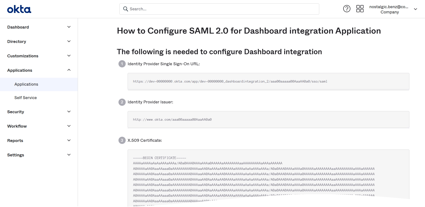 Data for manual SSO configuration