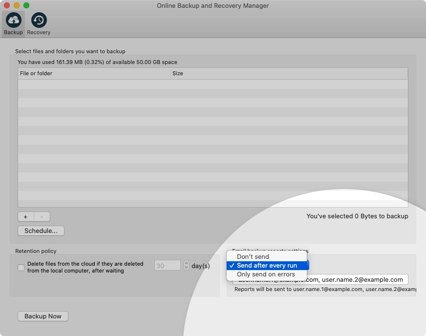 Backup report settings