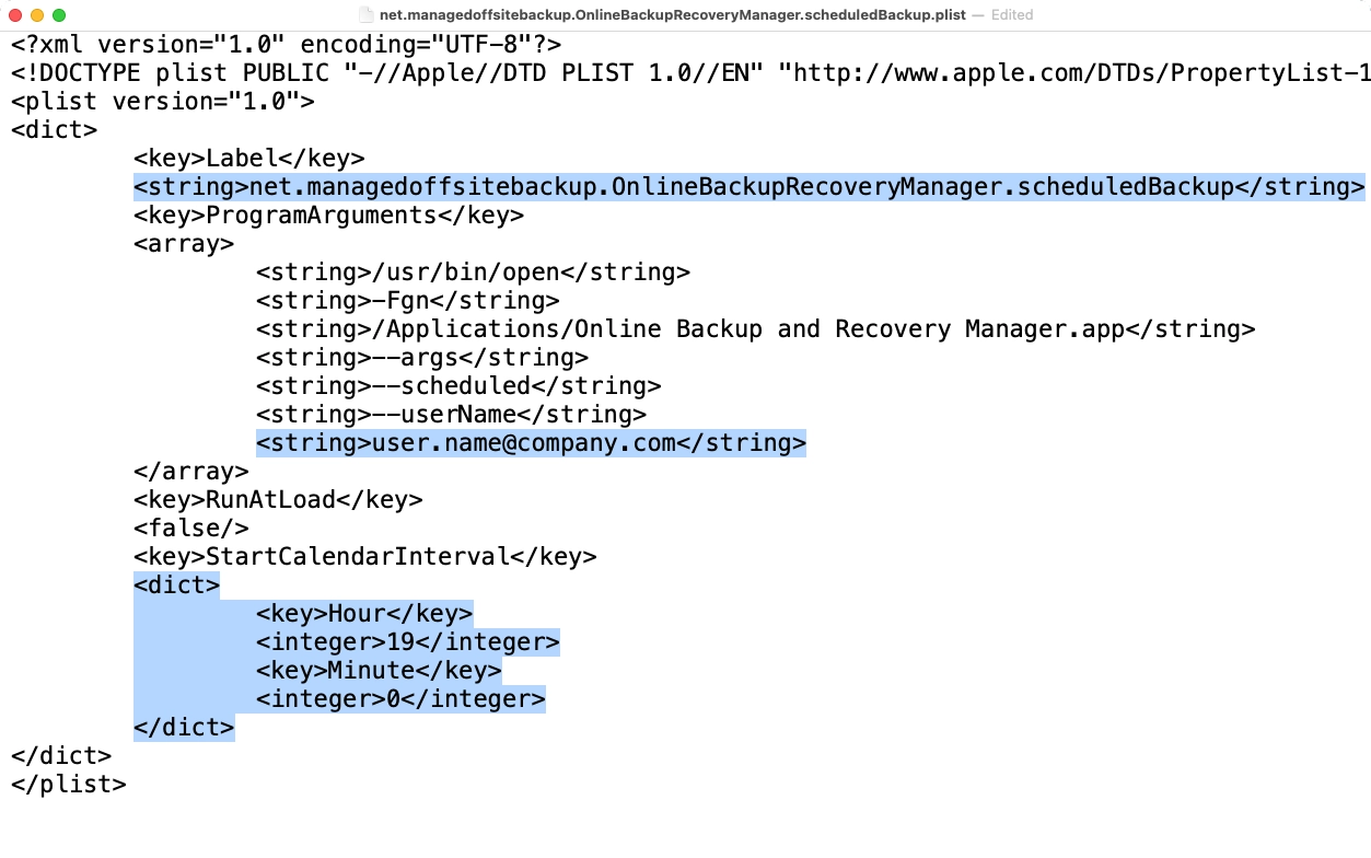 Content of the backup schedule file