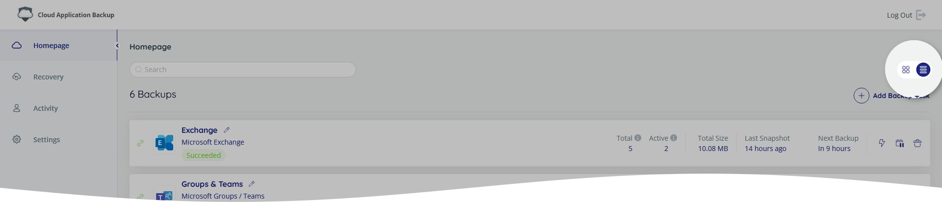 Backup tasks view