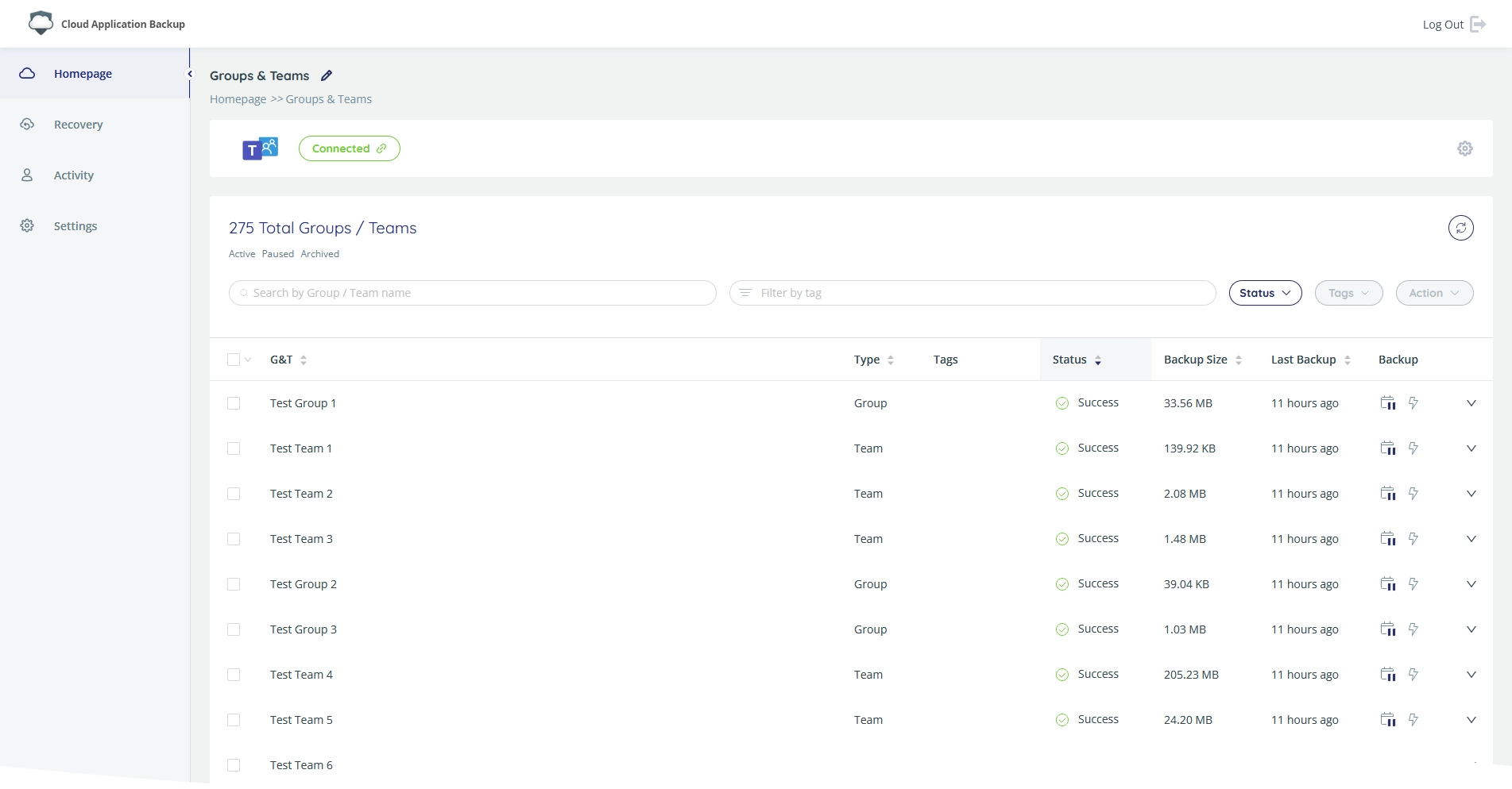 Backup task page
