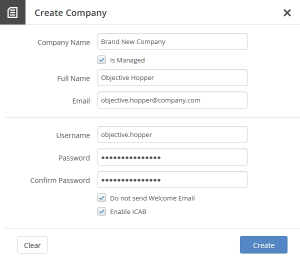 Create company with admin dialog