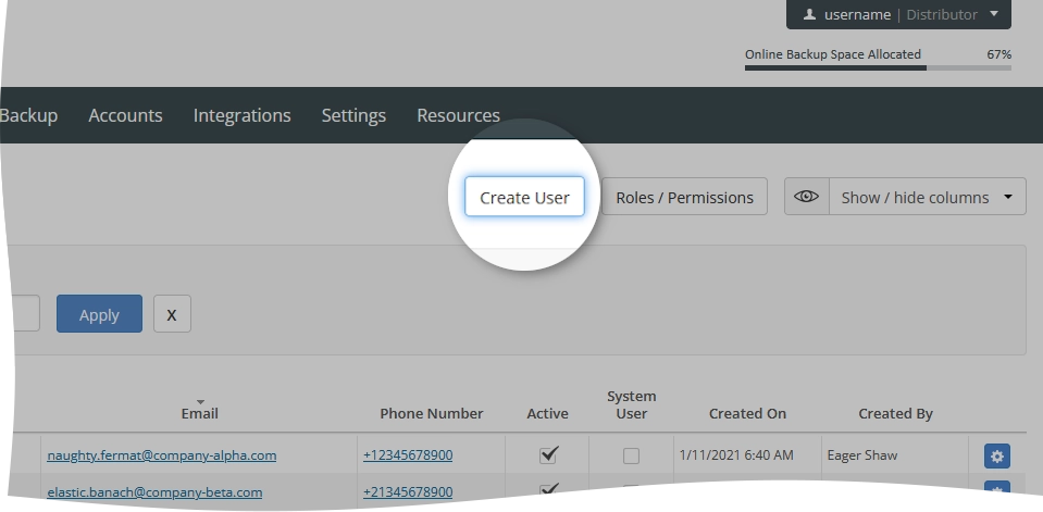 Create user account action