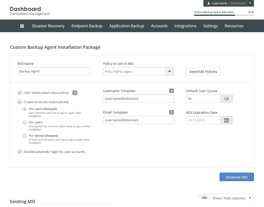 Custom installation package settings
