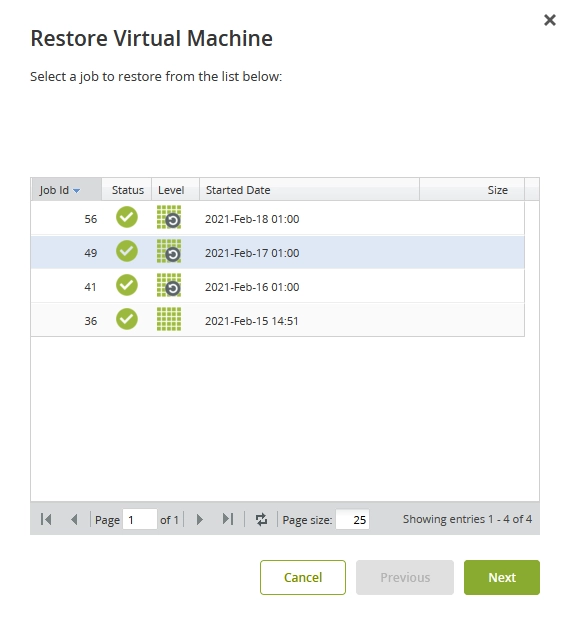 VM restore job