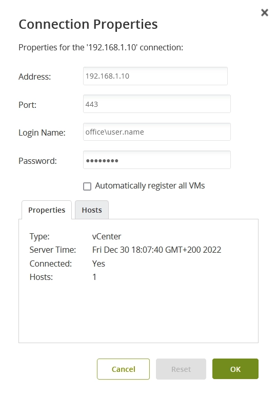 Connection properties dialog