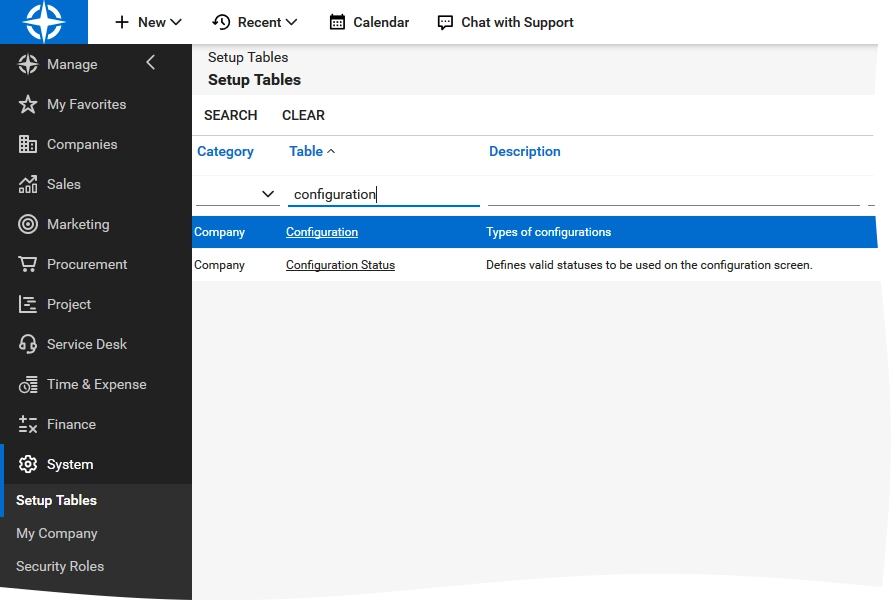 Configuration table