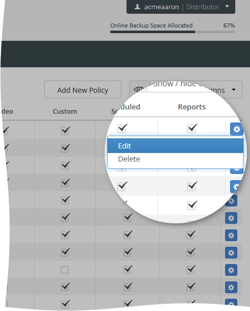 Edit backup policy action