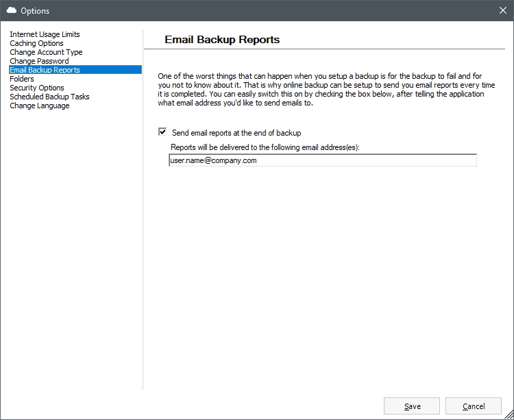 Email backup reports