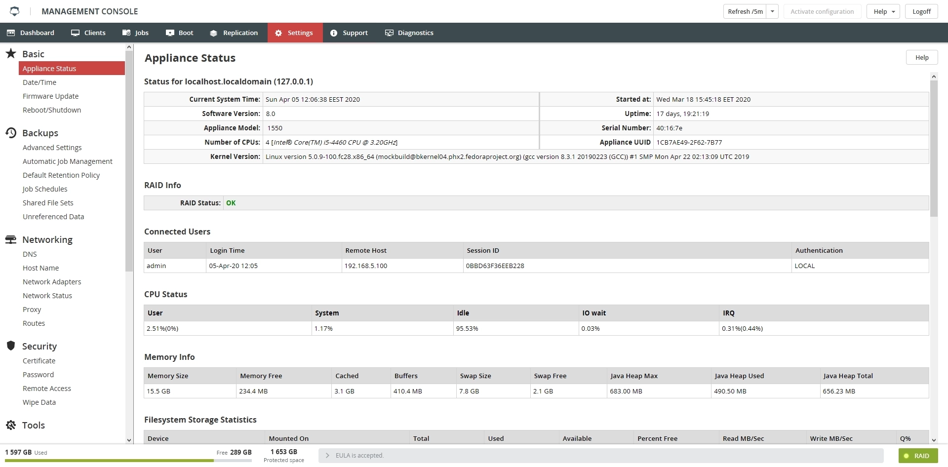 Appliance Status section