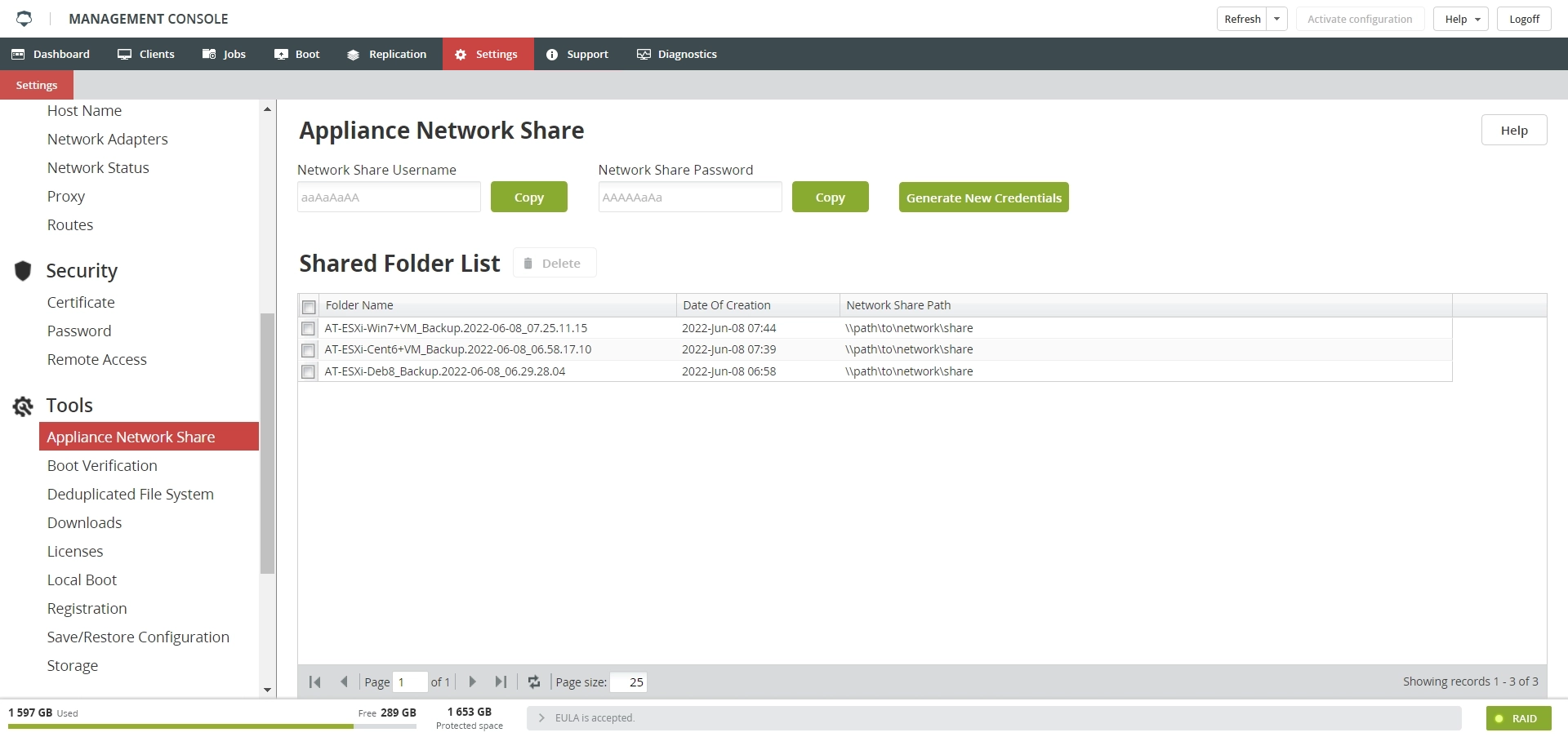 Appliance Network Share section