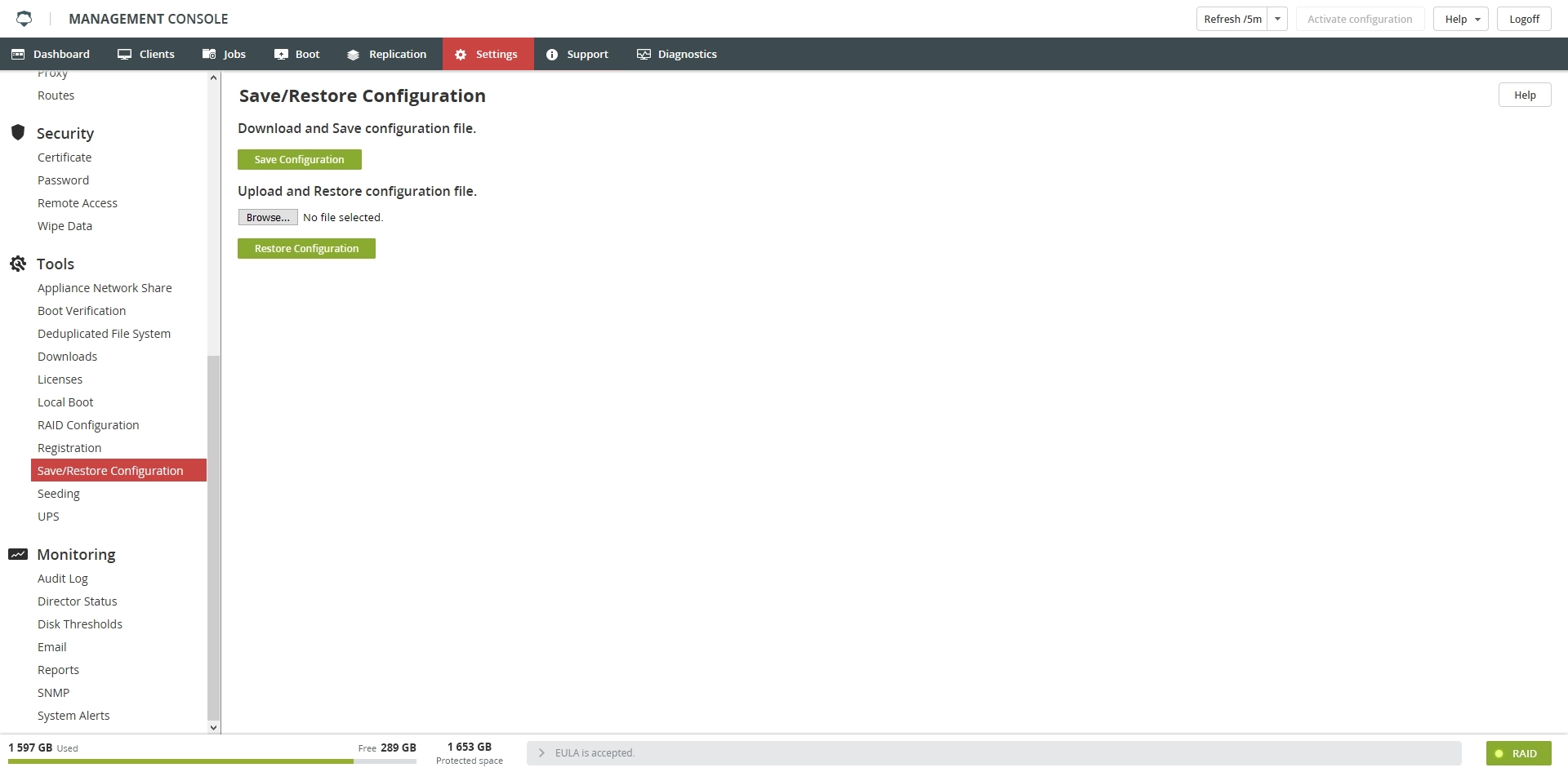 Save/Restore Configuration section