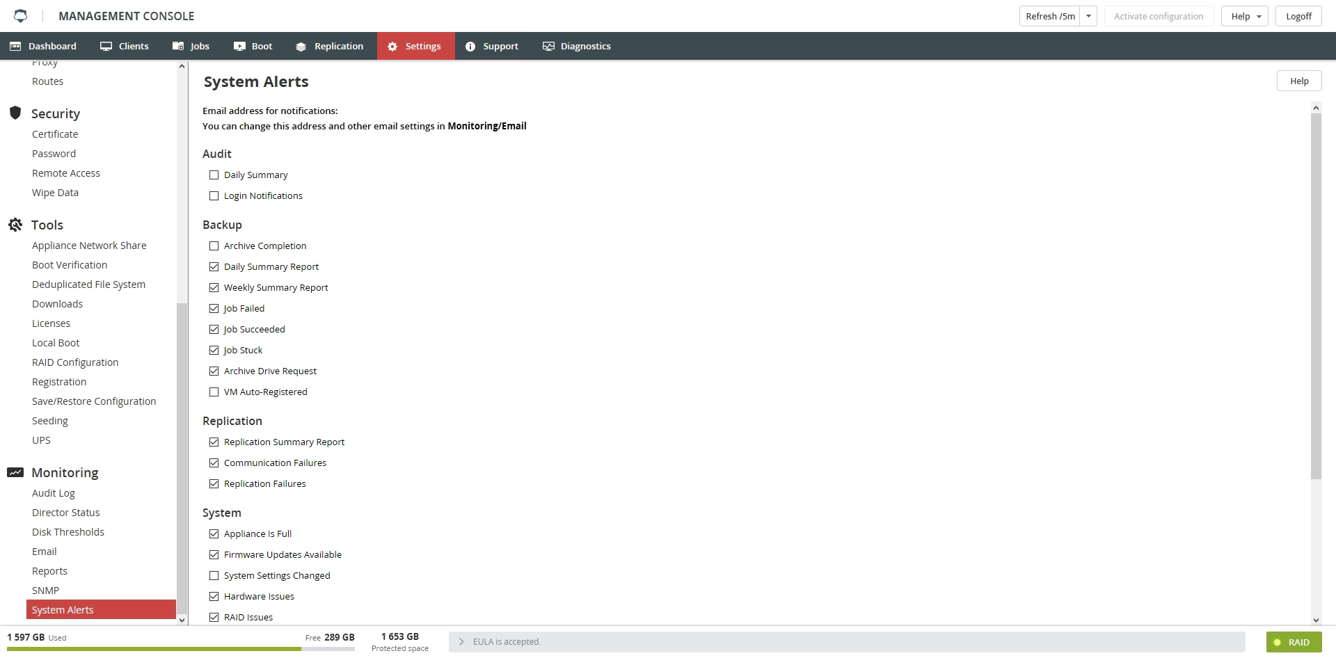 System Alerts section