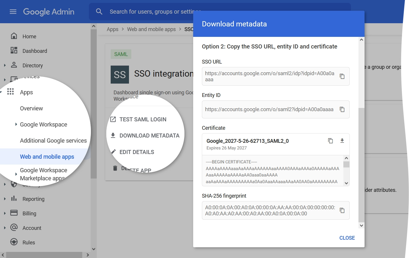 Obtain metadata for manual SSO configuration