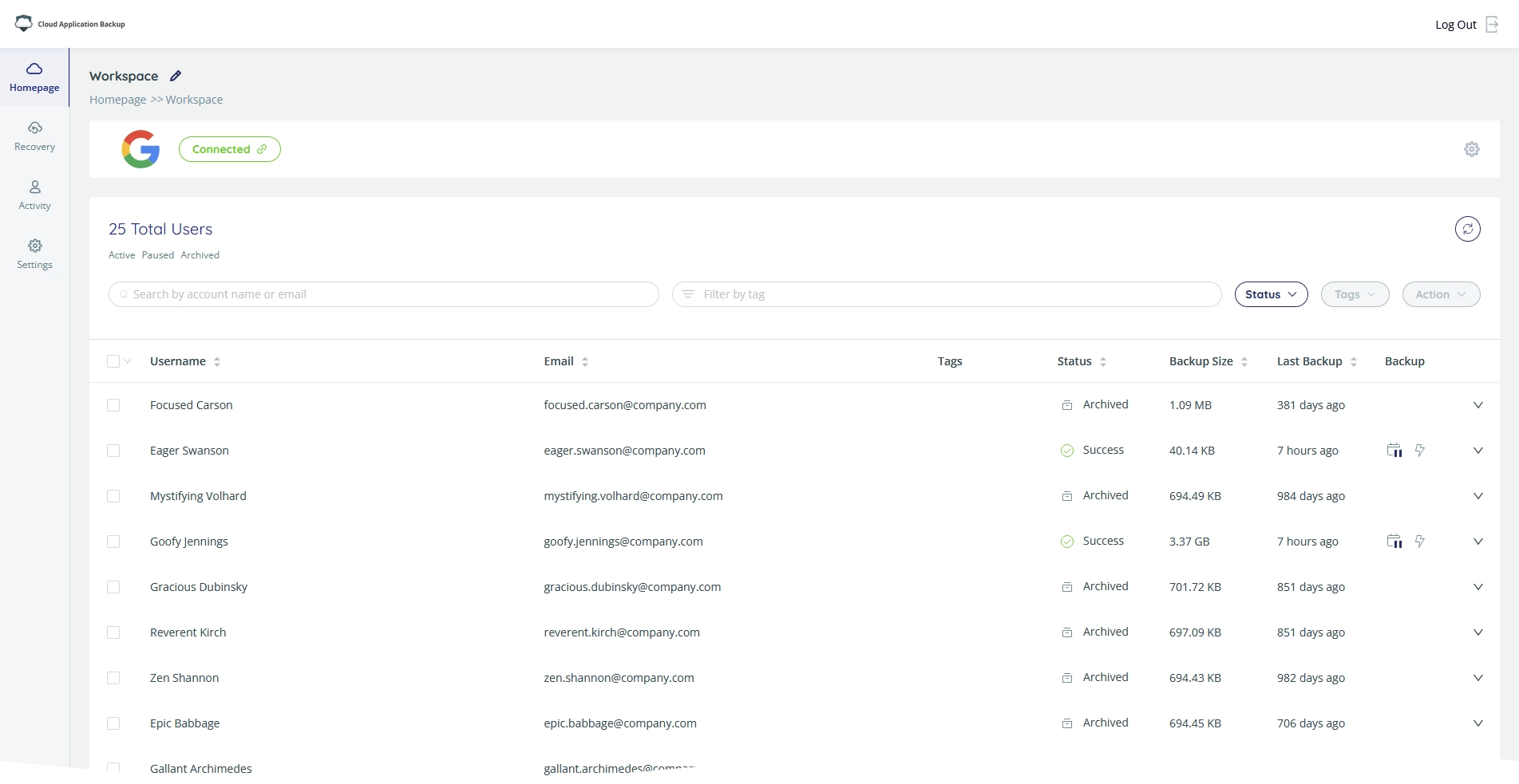 Backup task page