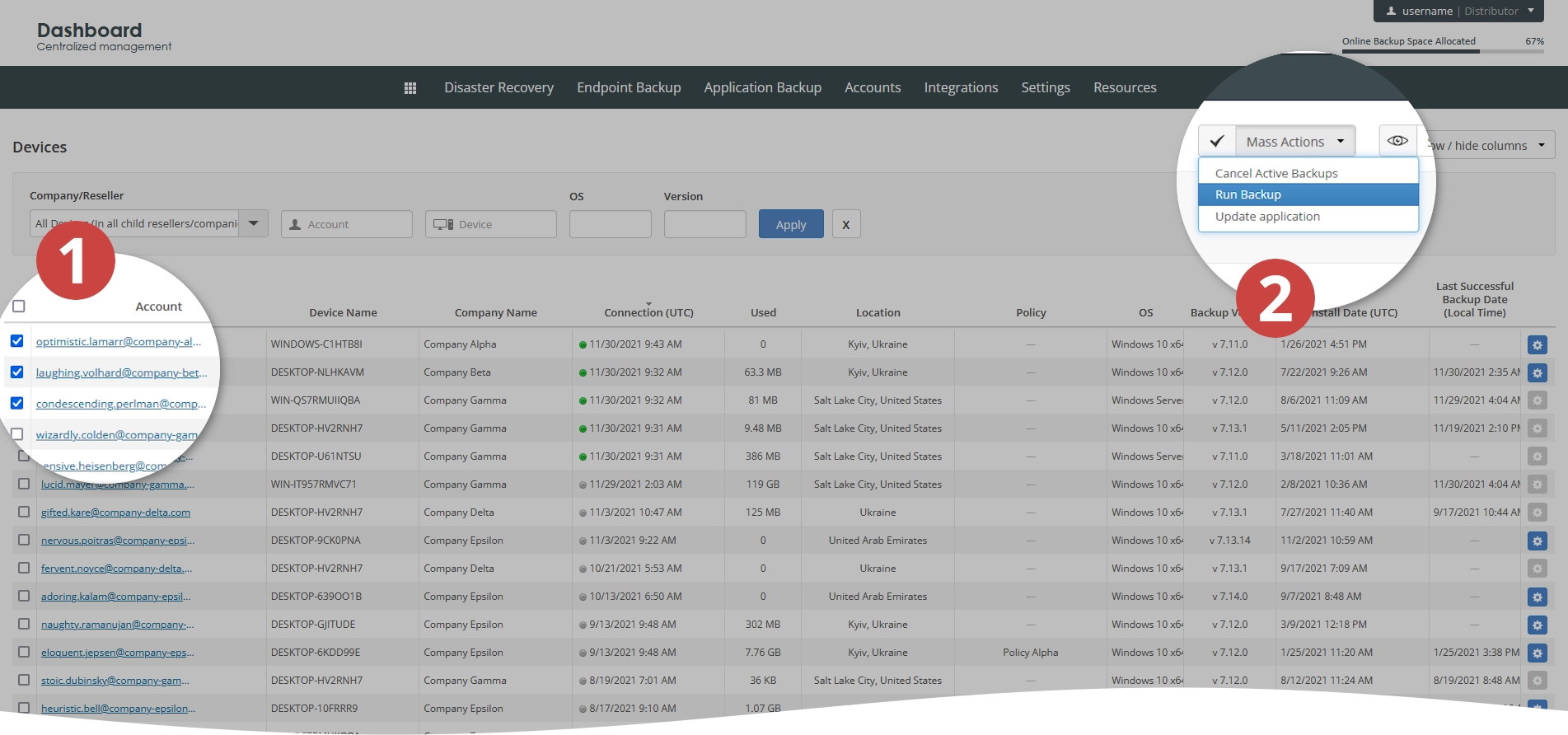 Start backup mass action