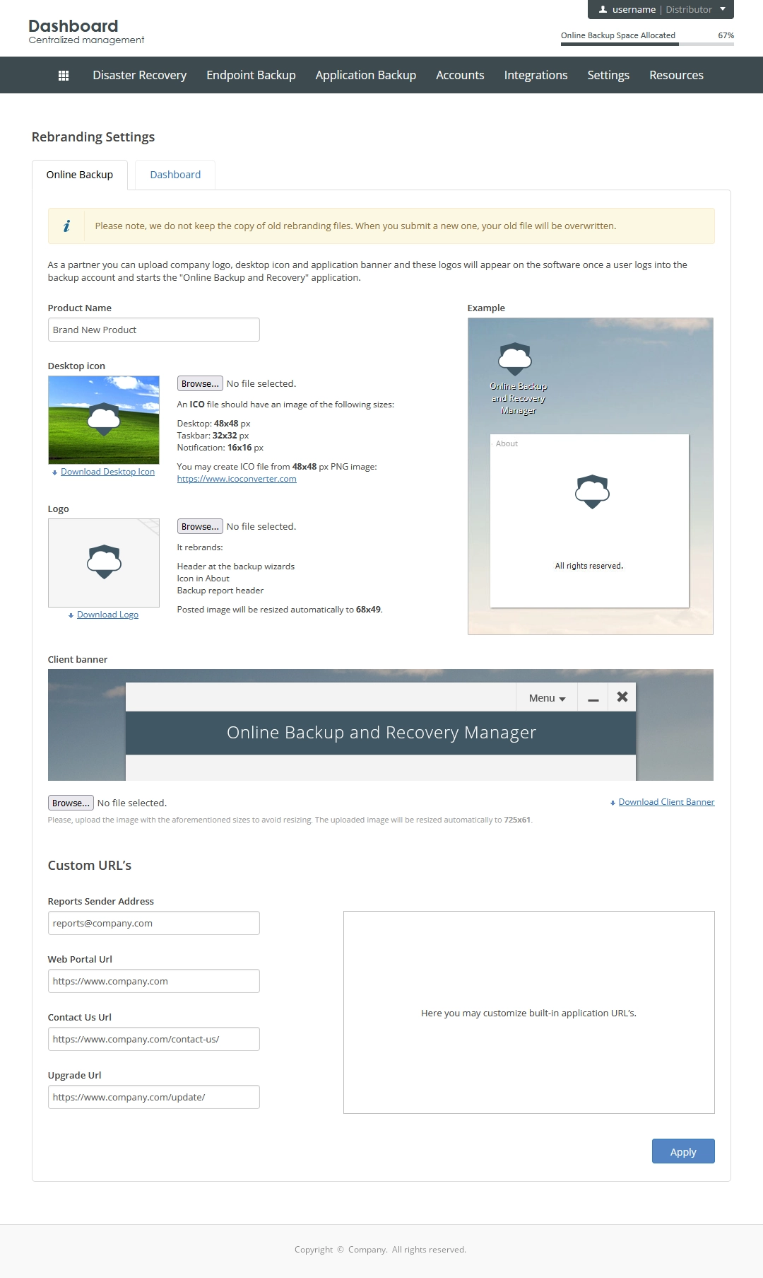 Online Backup tab