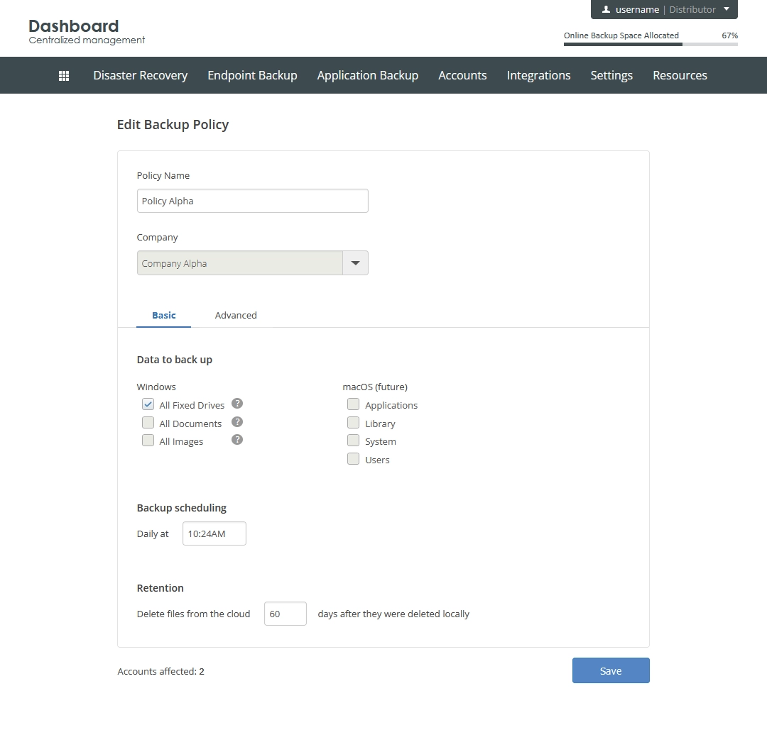 Edit policy view