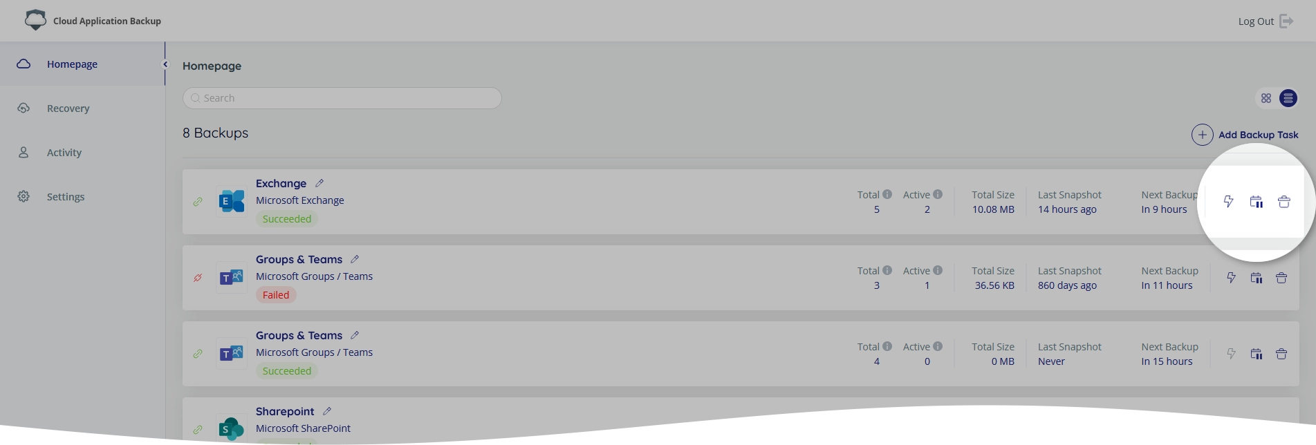 Backup task quick actions