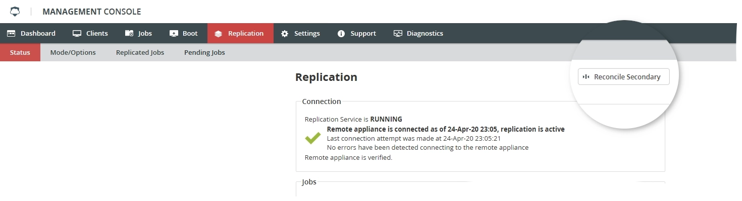 Reconcile secondary appliance