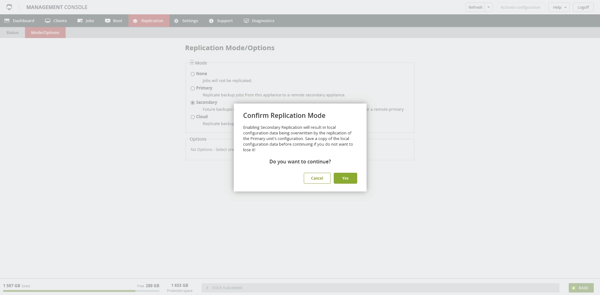 Secondary replication mode