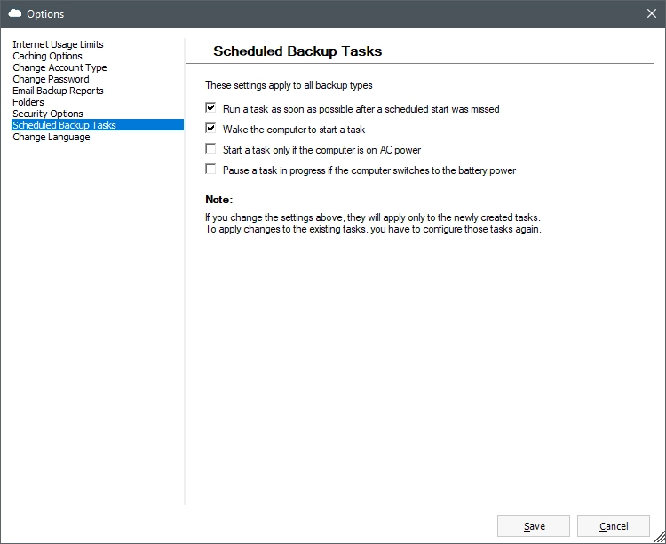 Scheduled backup task options