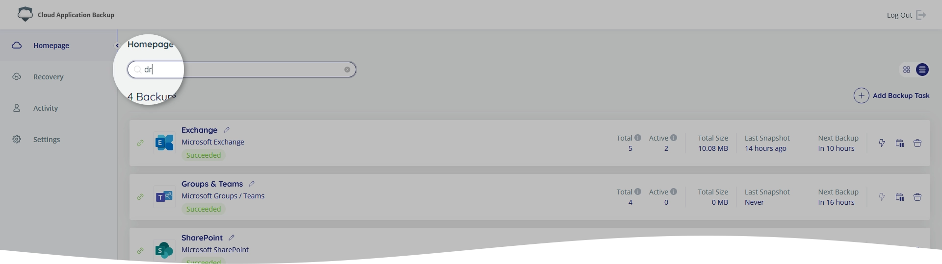 Backup task search