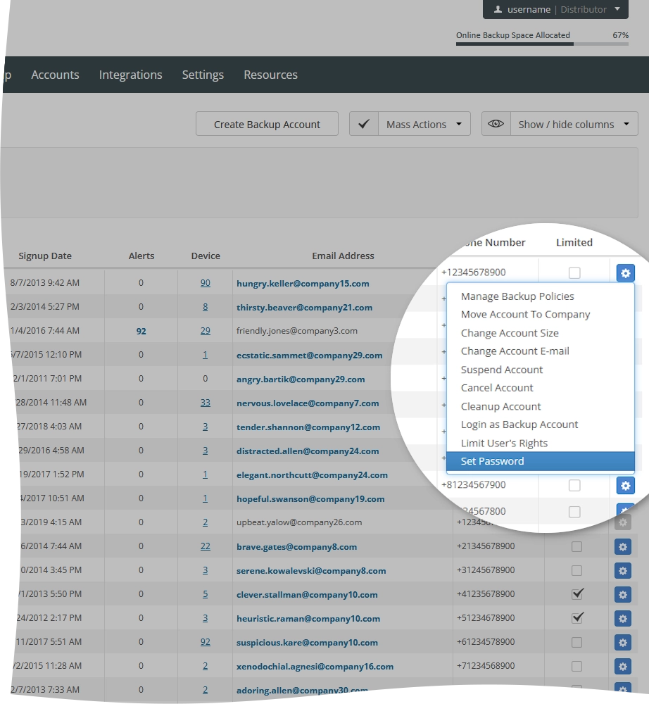 Set account password action
