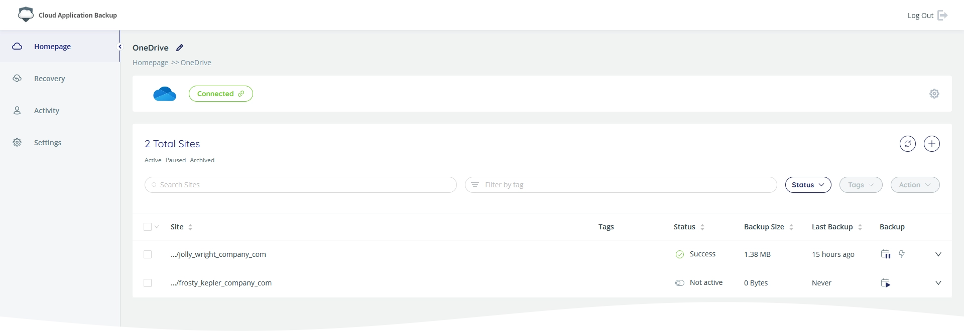 Backup task page
