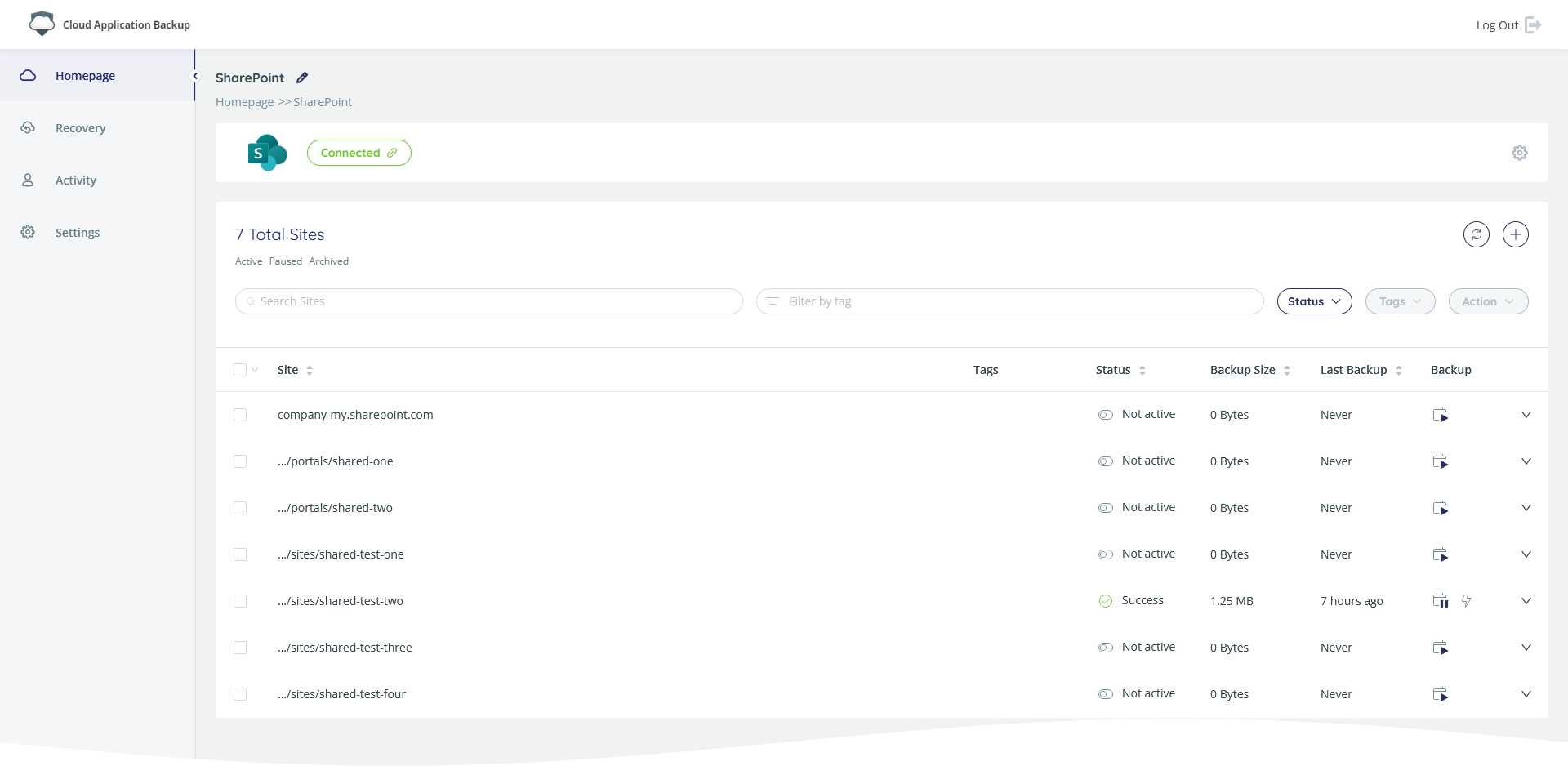 Backup task page