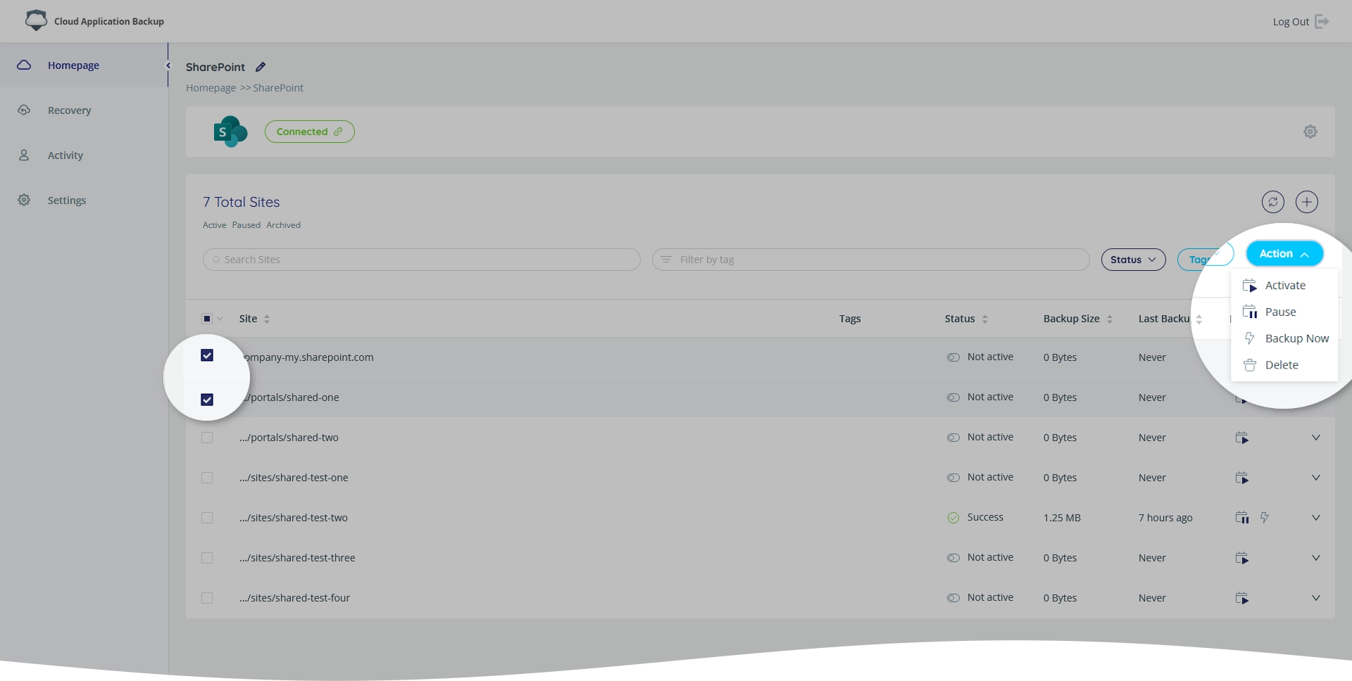 Batch site actions